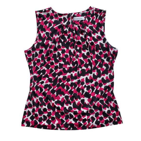 Calvin Klein Geo Print Black Magenta White Pleated Neck Sleeveless Blouse M - Picture 4 of 13